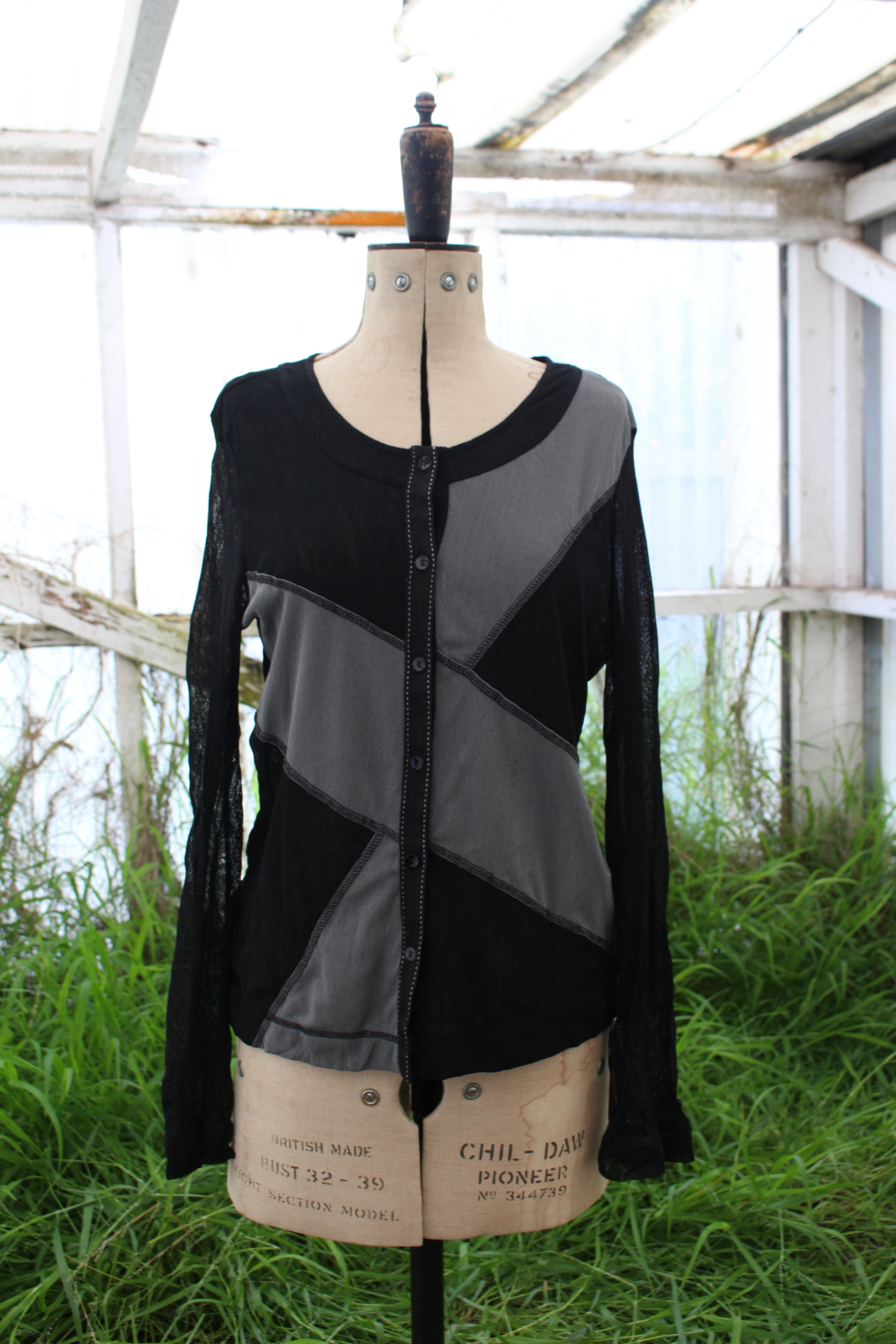 Black and Grey Colour Block Mesh Button up