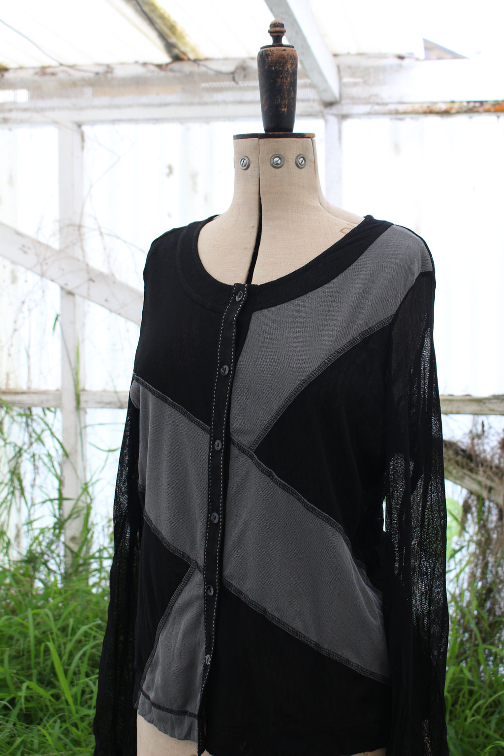 Black and Grey Colour Block Mesh Button up