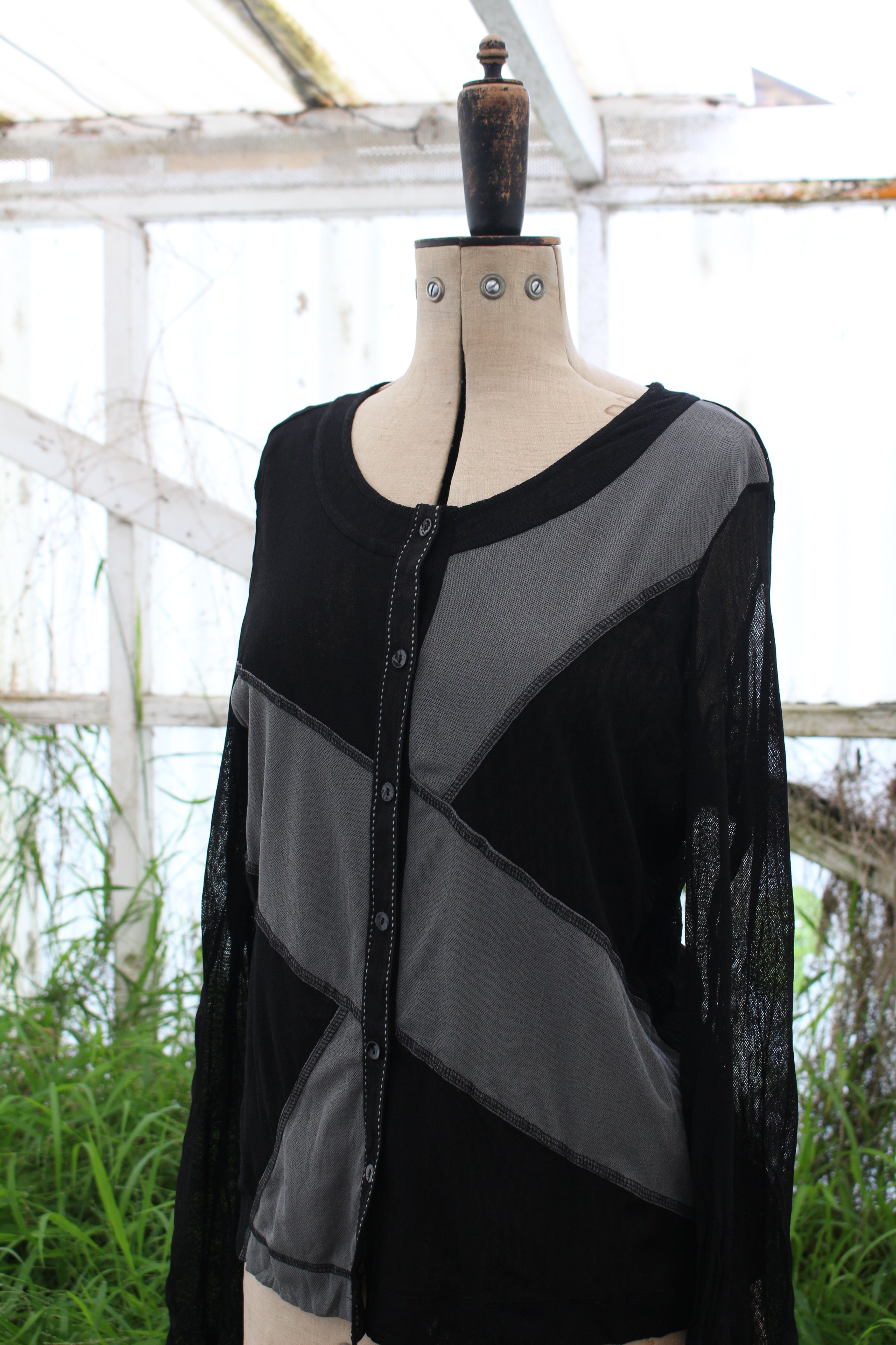 Black and Grey Colour Block Mesh Button up