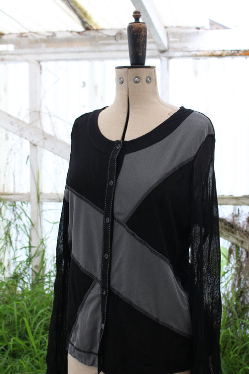 Black and Grey Colour Block Mesh Button up