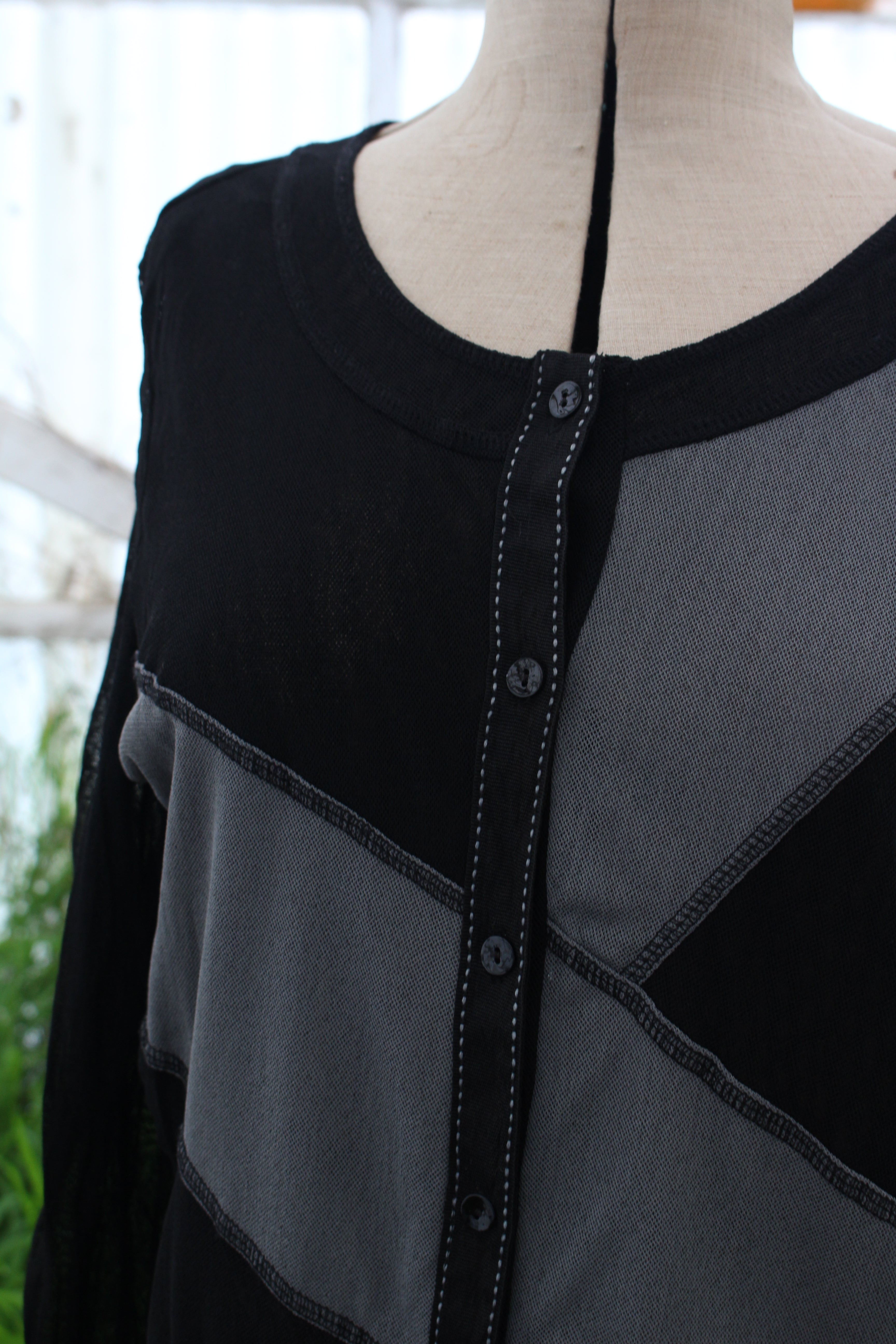 Black and Grey Colour Block Mesh Button up